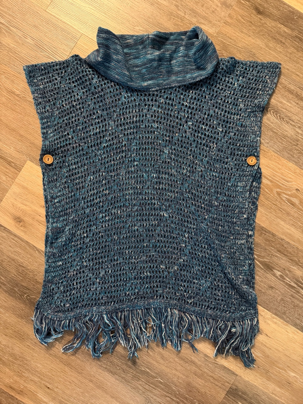 New Directions Blue Open-Knit Fringe Mock Neck Turtle Neck  Sweater Poncho XL